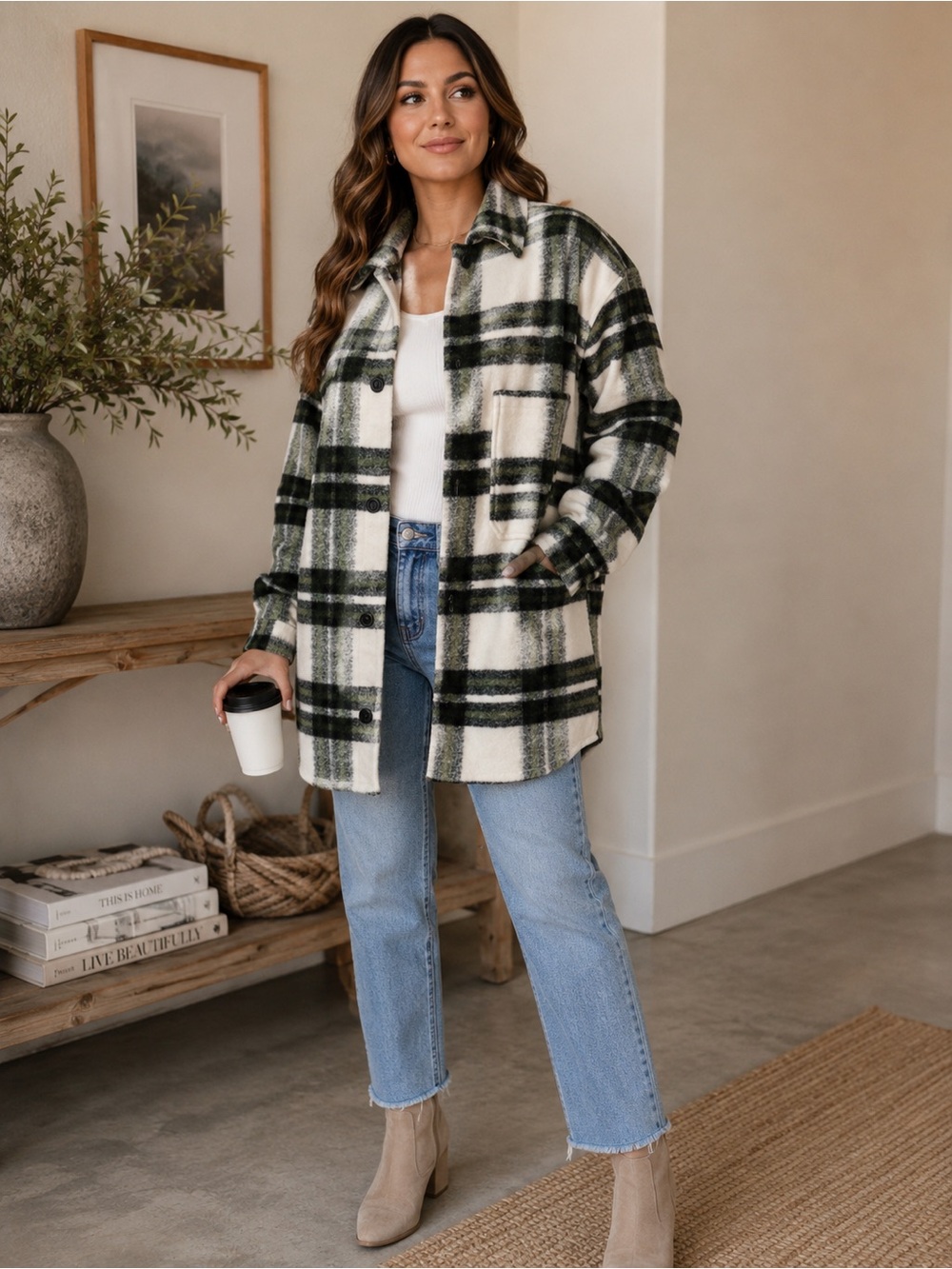 H&M Cream and Dark Green Plaid Shacket - Picture 1 of 6